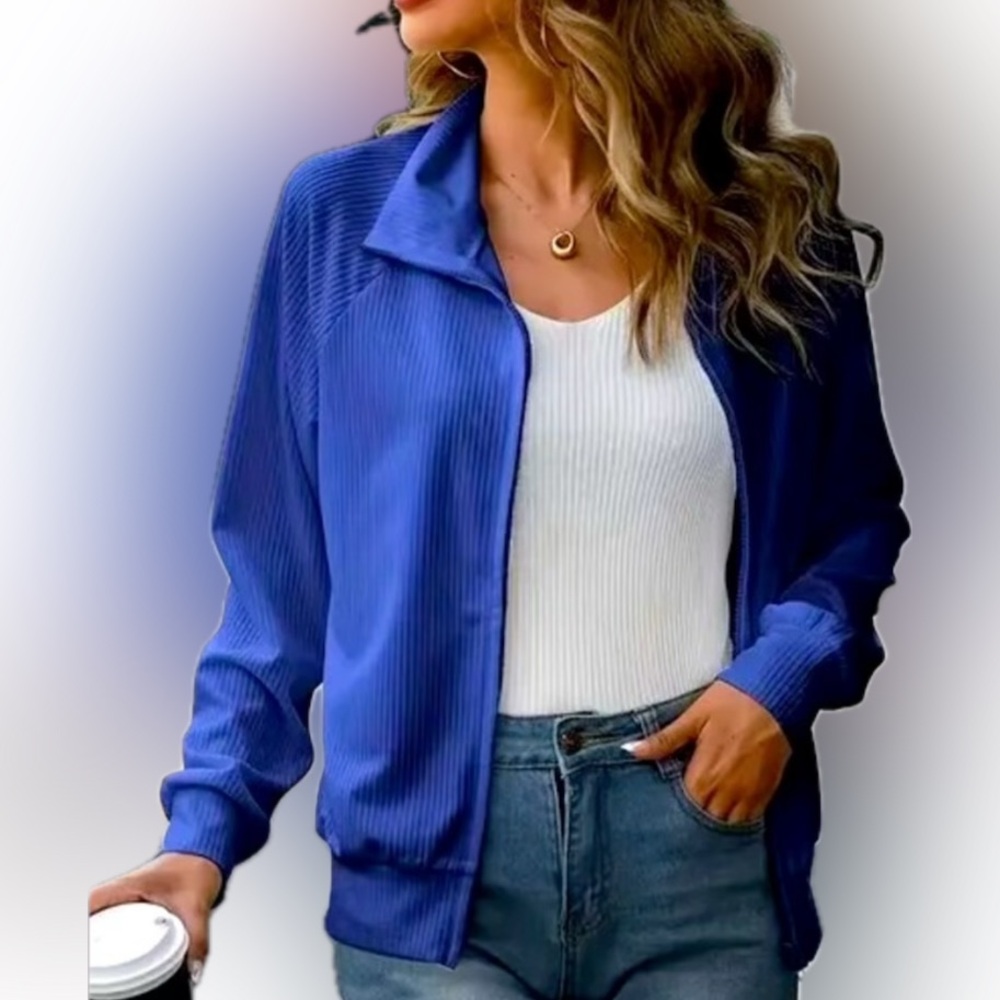 Royal Blue Full Zip Ribbed Jacket - Picture 2 of 7